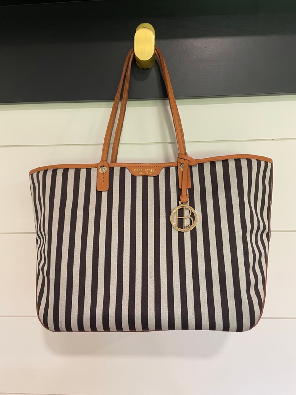 henri bendel Black and White Striped Tote with Tan Trim